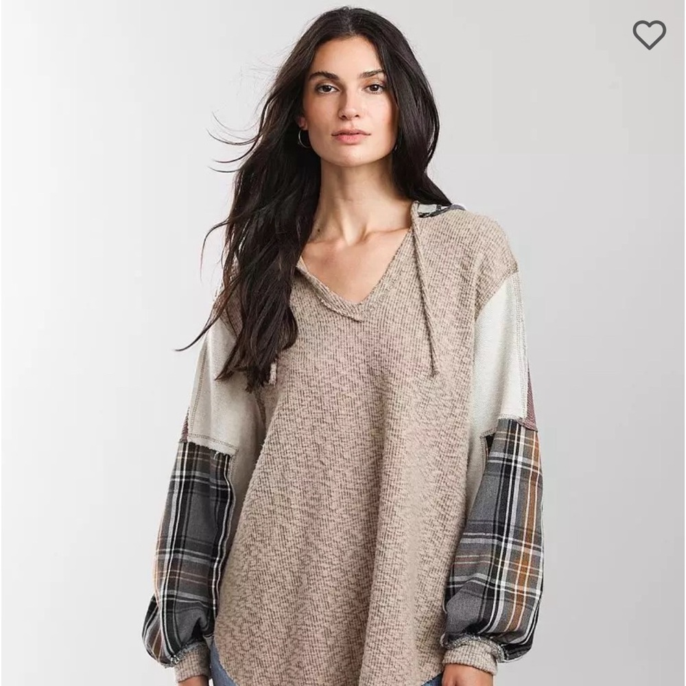 BKE Tan Plaid Sleeve Hoodie
